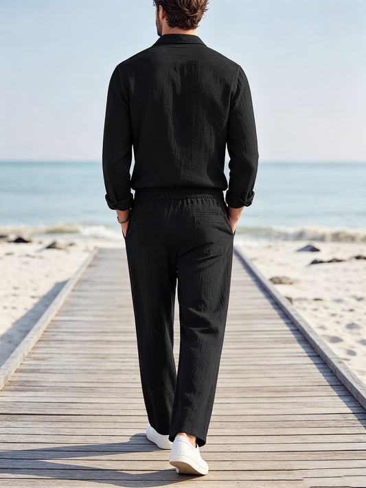 Casual Long-Sleeve Top and Pants Set – Loose-Fit Linen with Collar