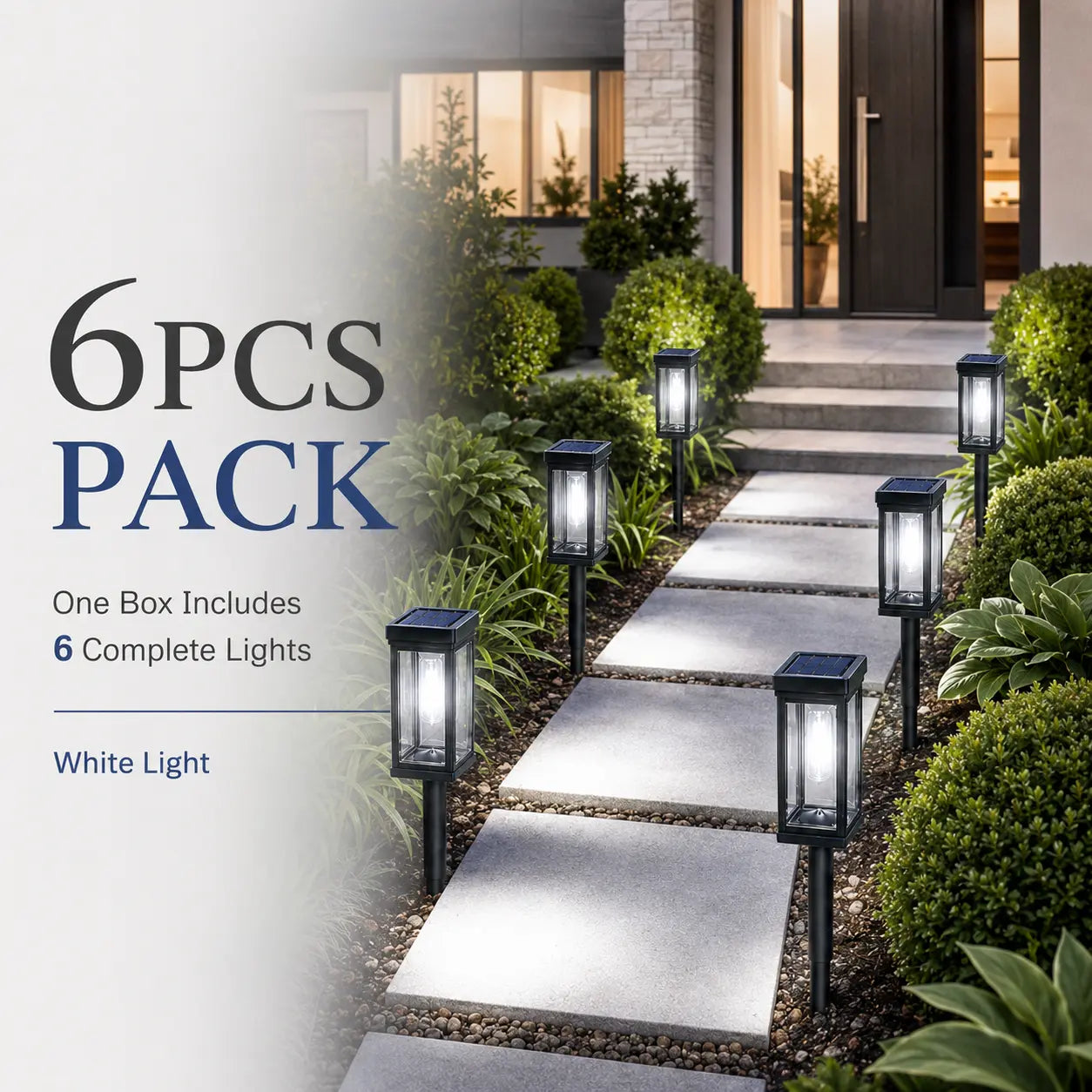 Six cold white solar pathway lights