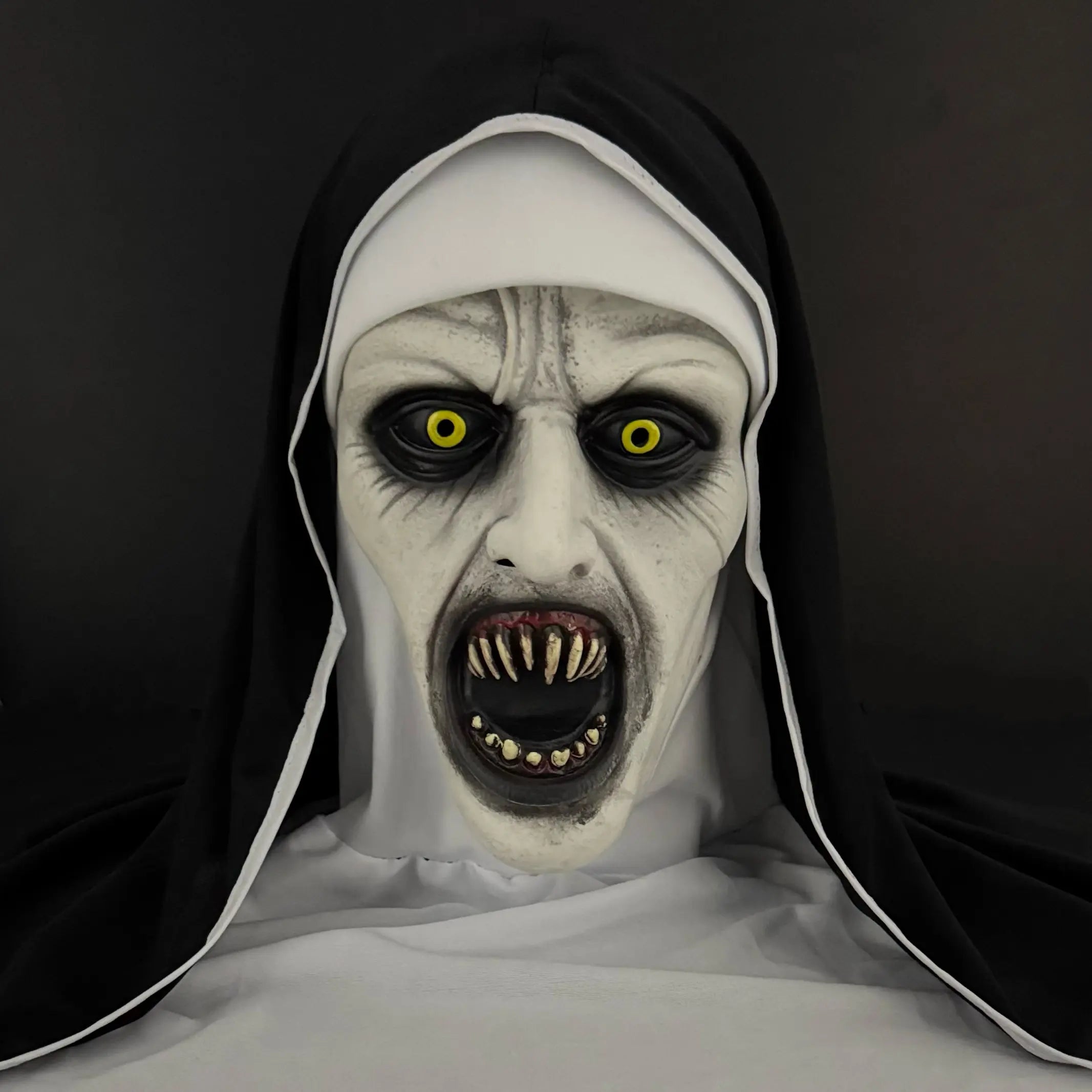 Close up scary nun Halloween mask
