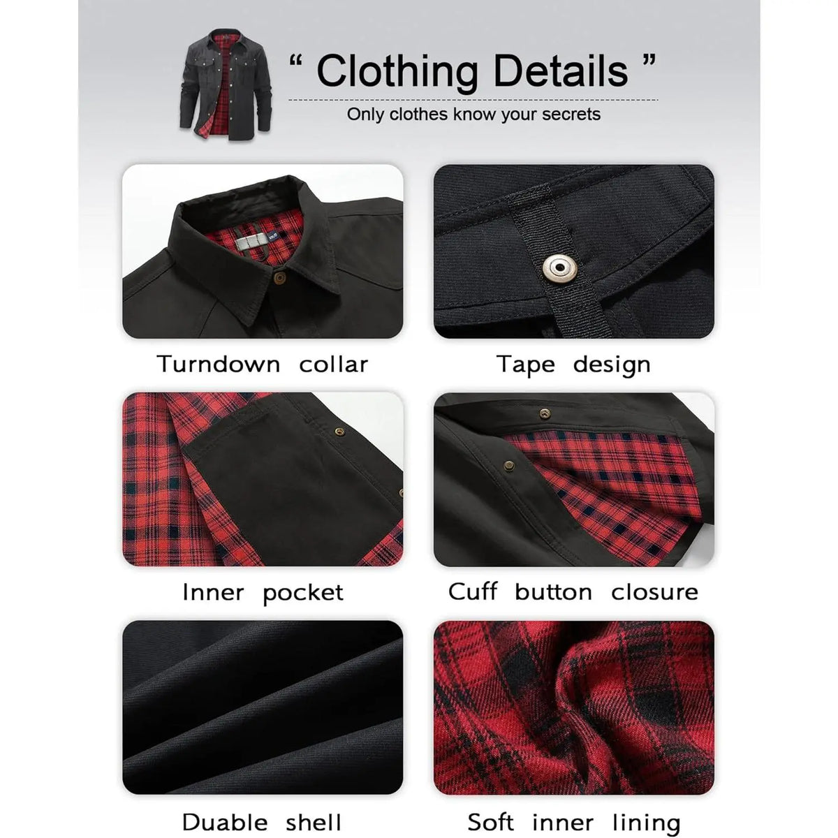 Men's flannel lined shacket clothing details