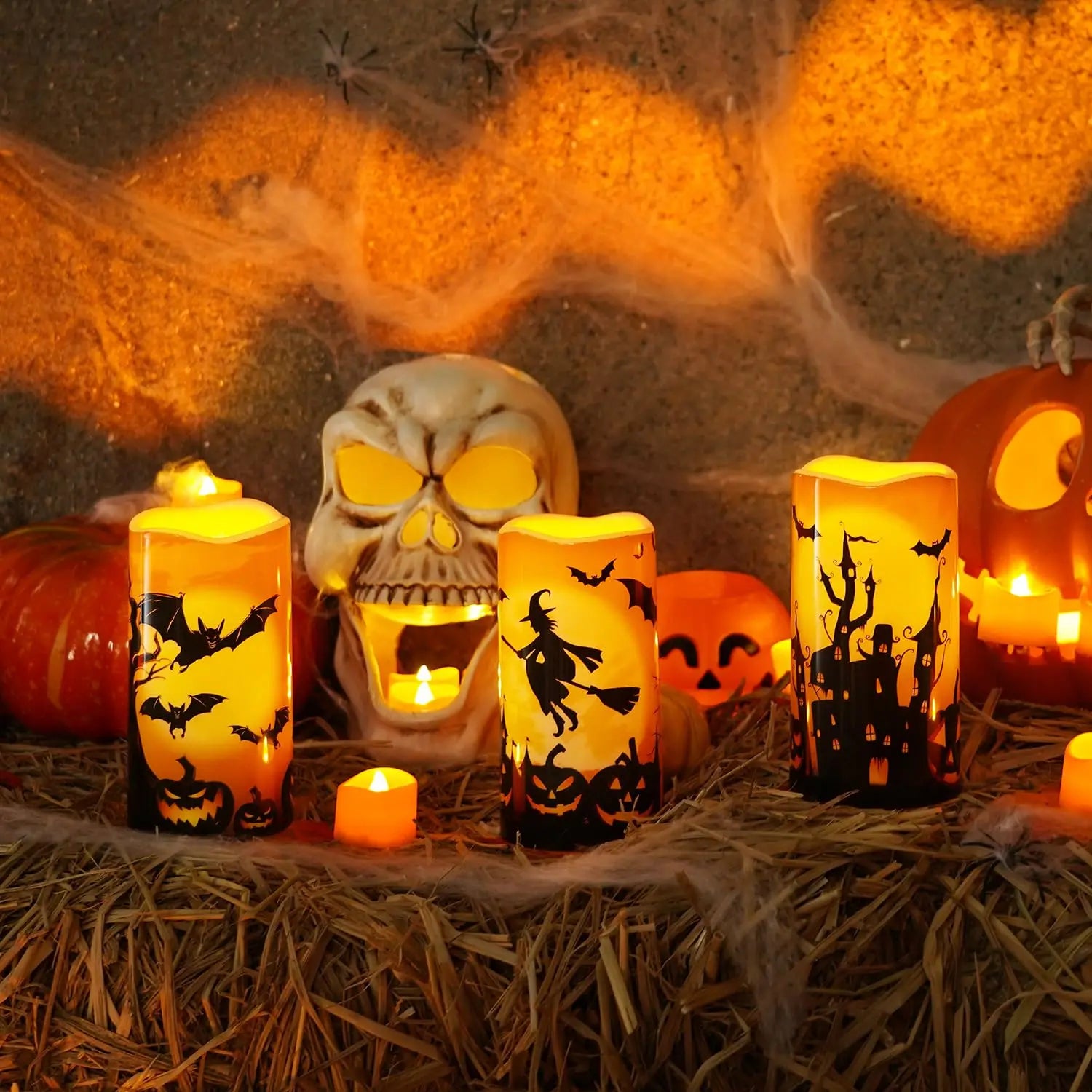 Halloween LED candles with pumpkins skulls and decorations