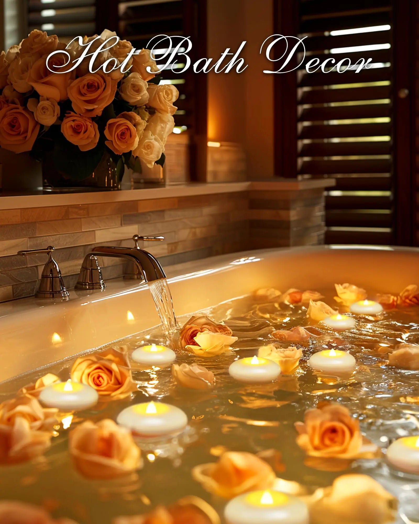 Floating LED candles decorating bathtub