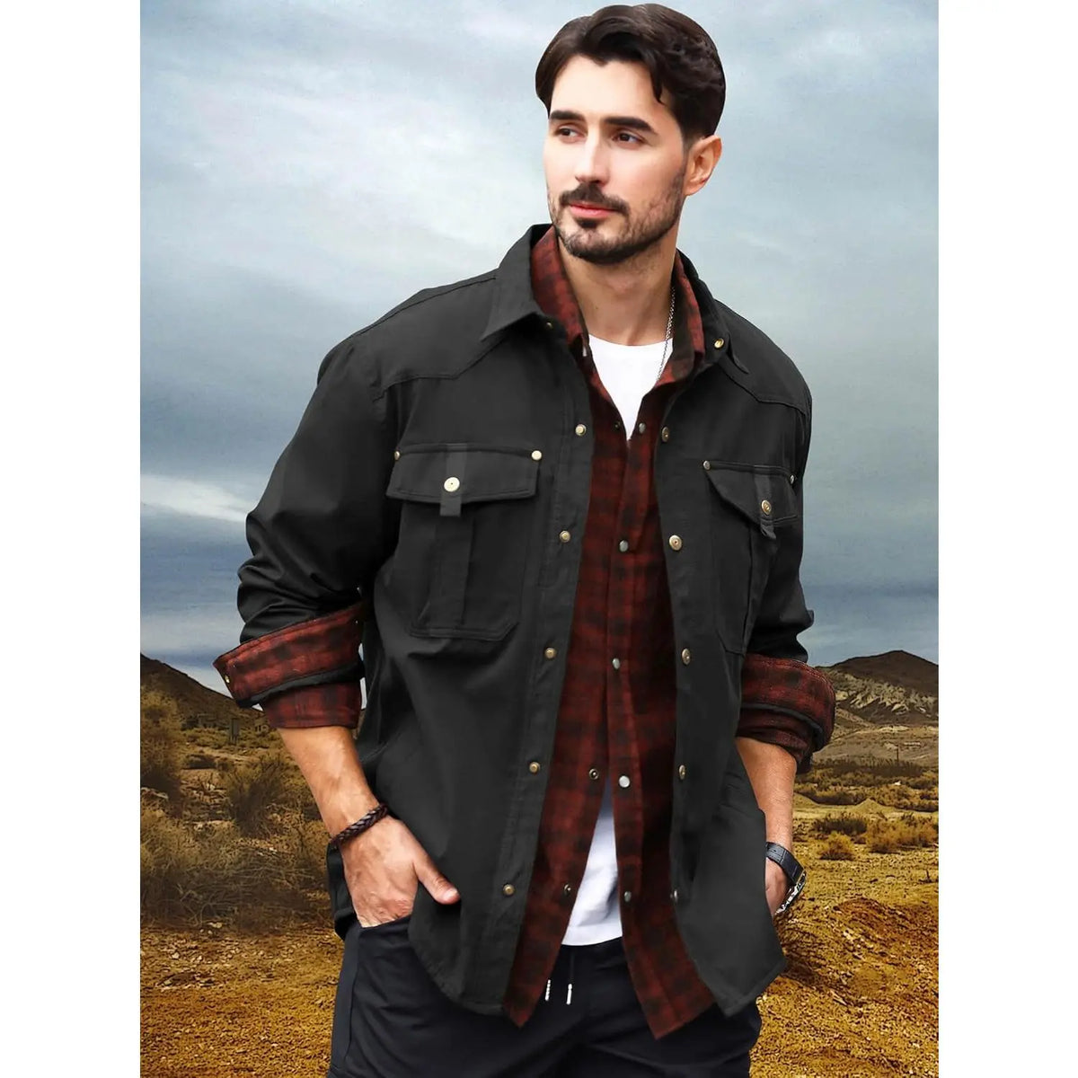 Men wearing black flannel lined shirt jacket outdoors