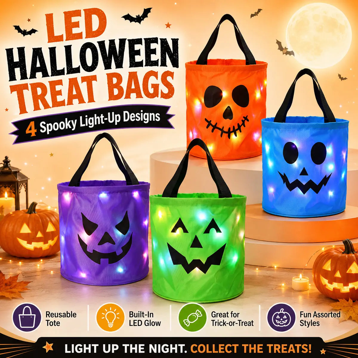 Orange green blue and purple LED Halloween treat bags