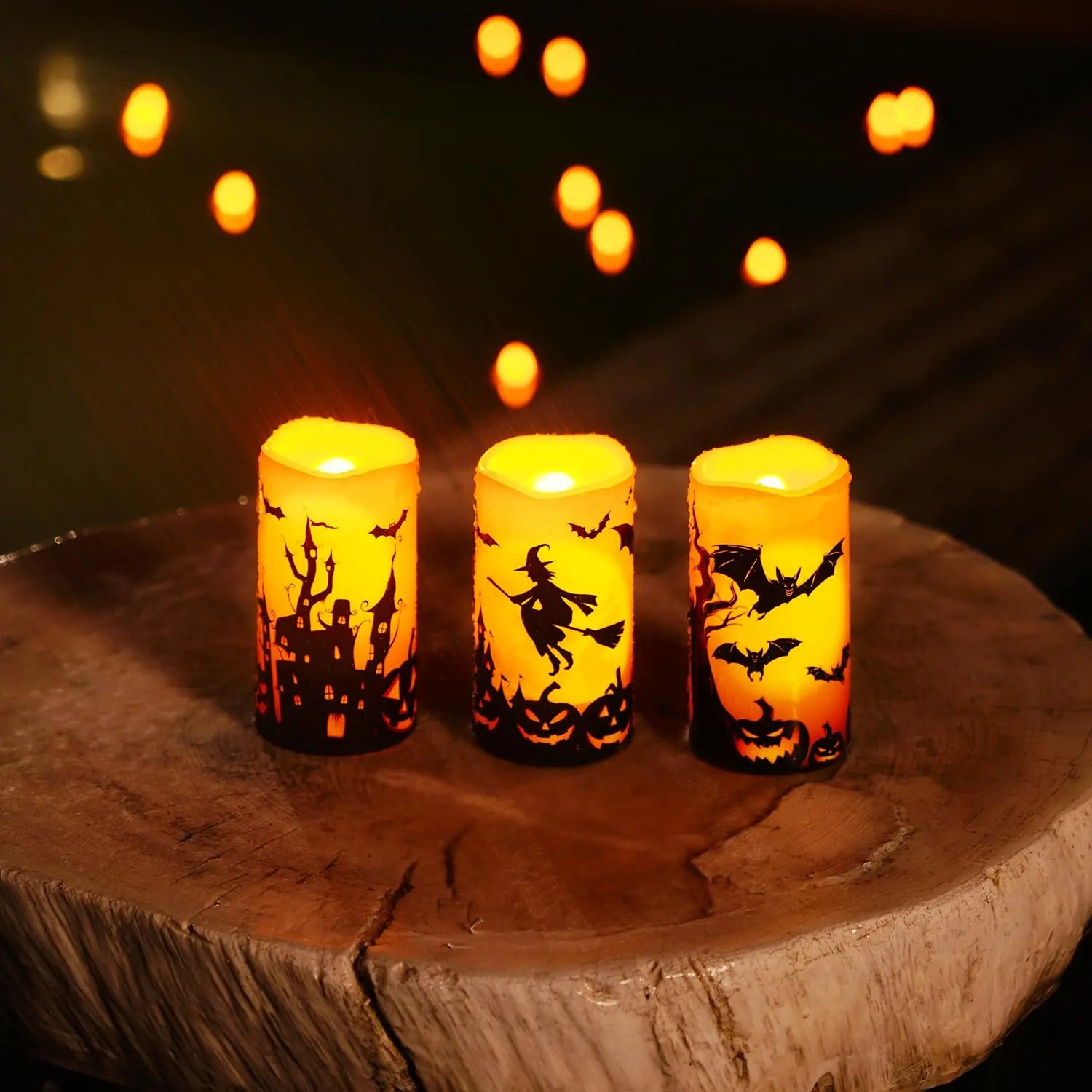 Three Halloween LED candle designs