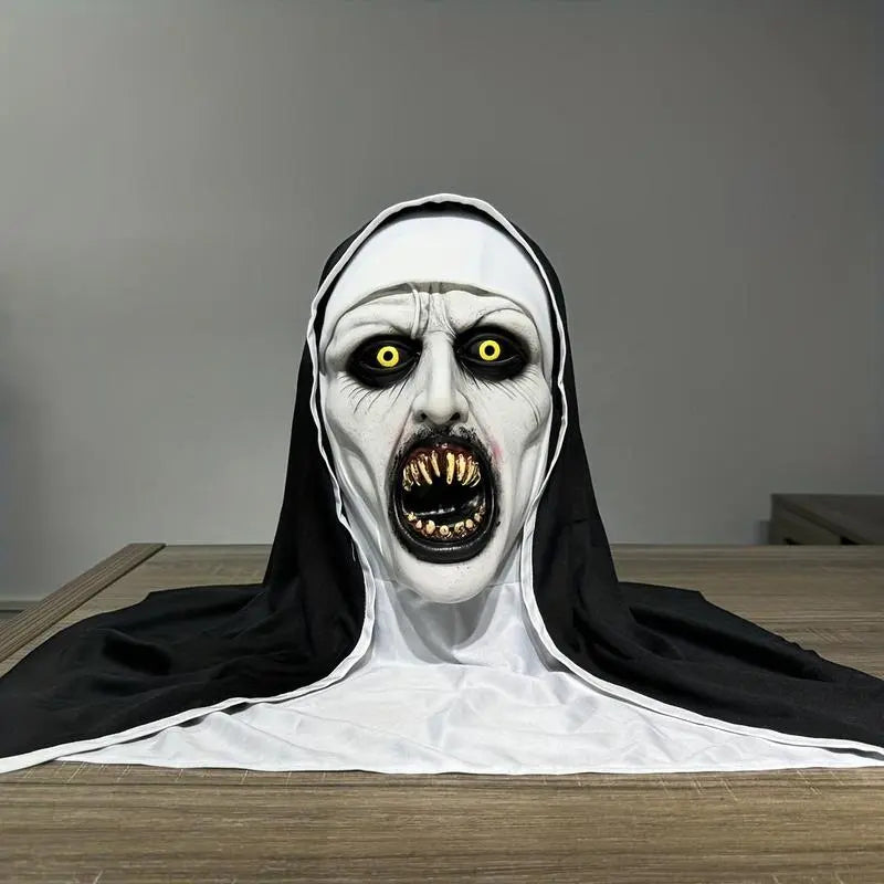 Scary Halloween nun mask display
