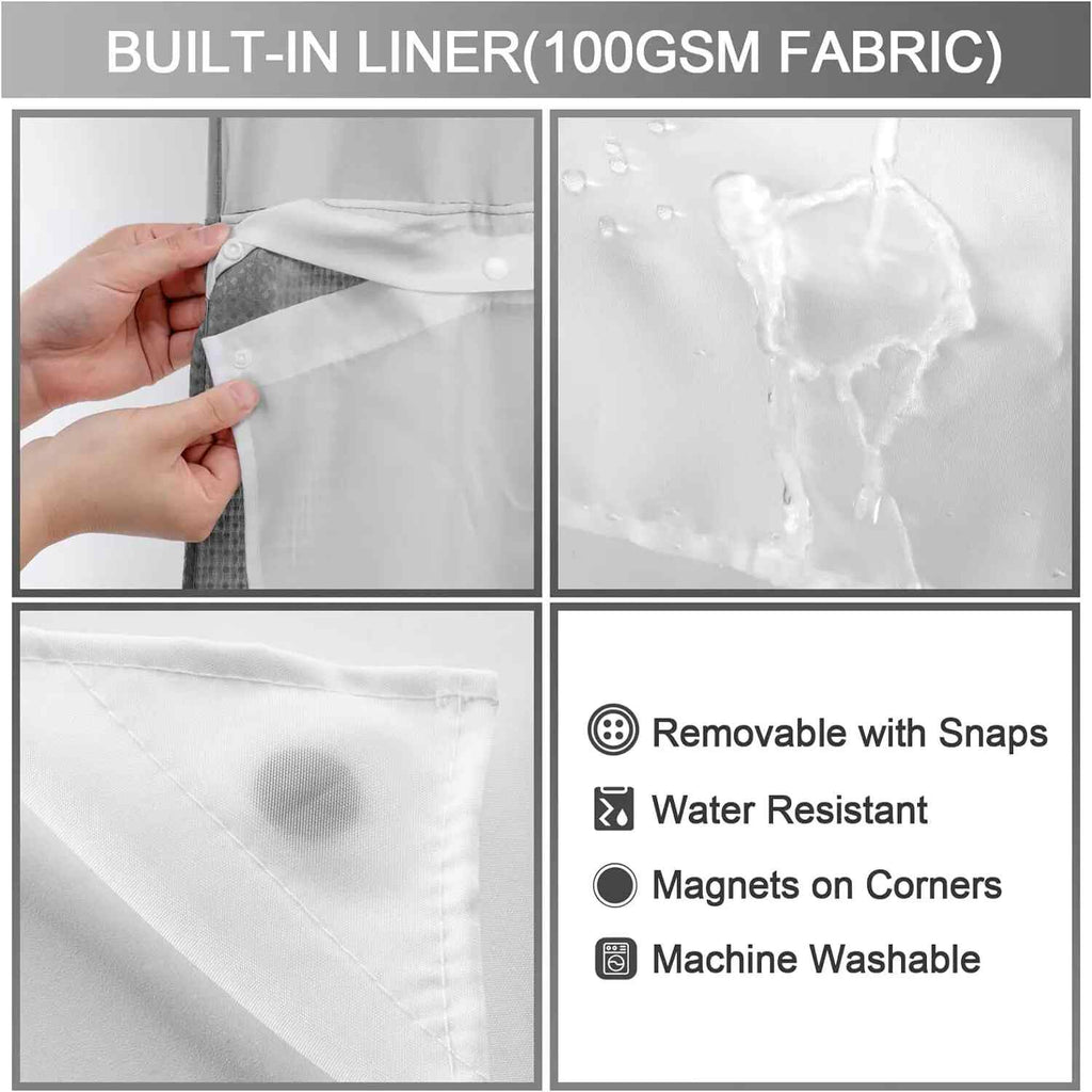 Hookless Double-Layer Shower Curtain with Removable Waterproof Snap-In Liner
