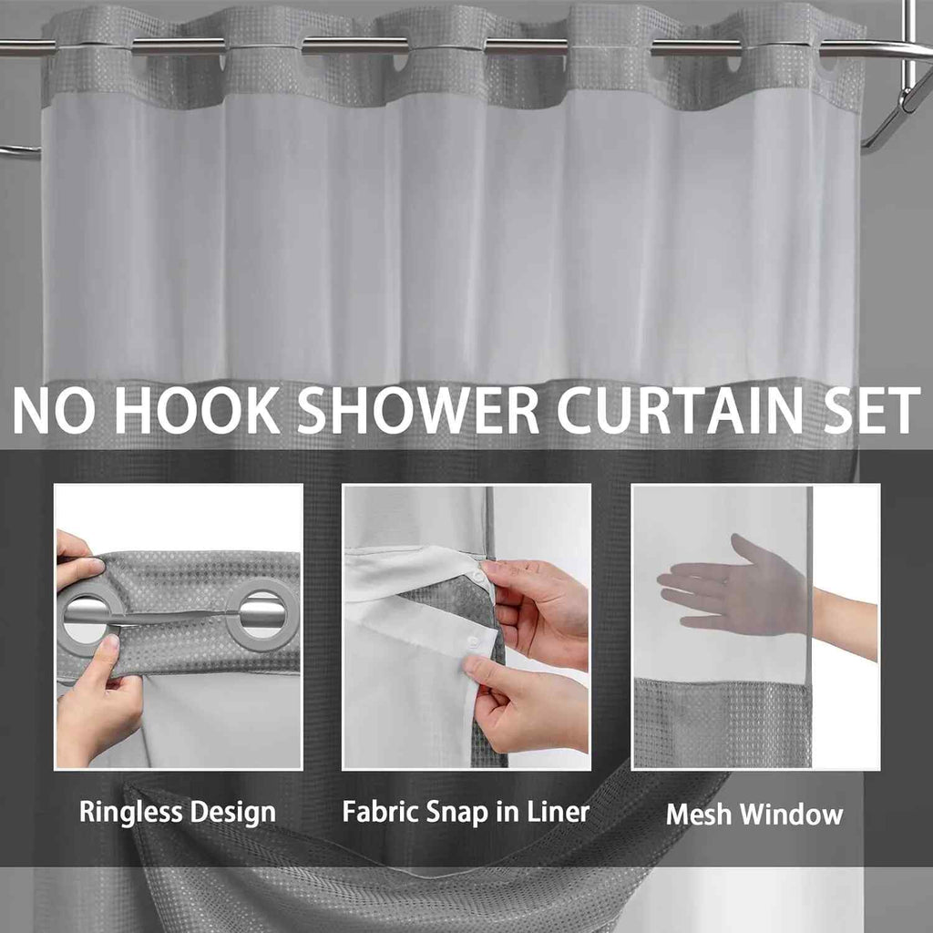Hookless Double-Layer Shower Curtain with Removable Waterproof Snap-In Liner