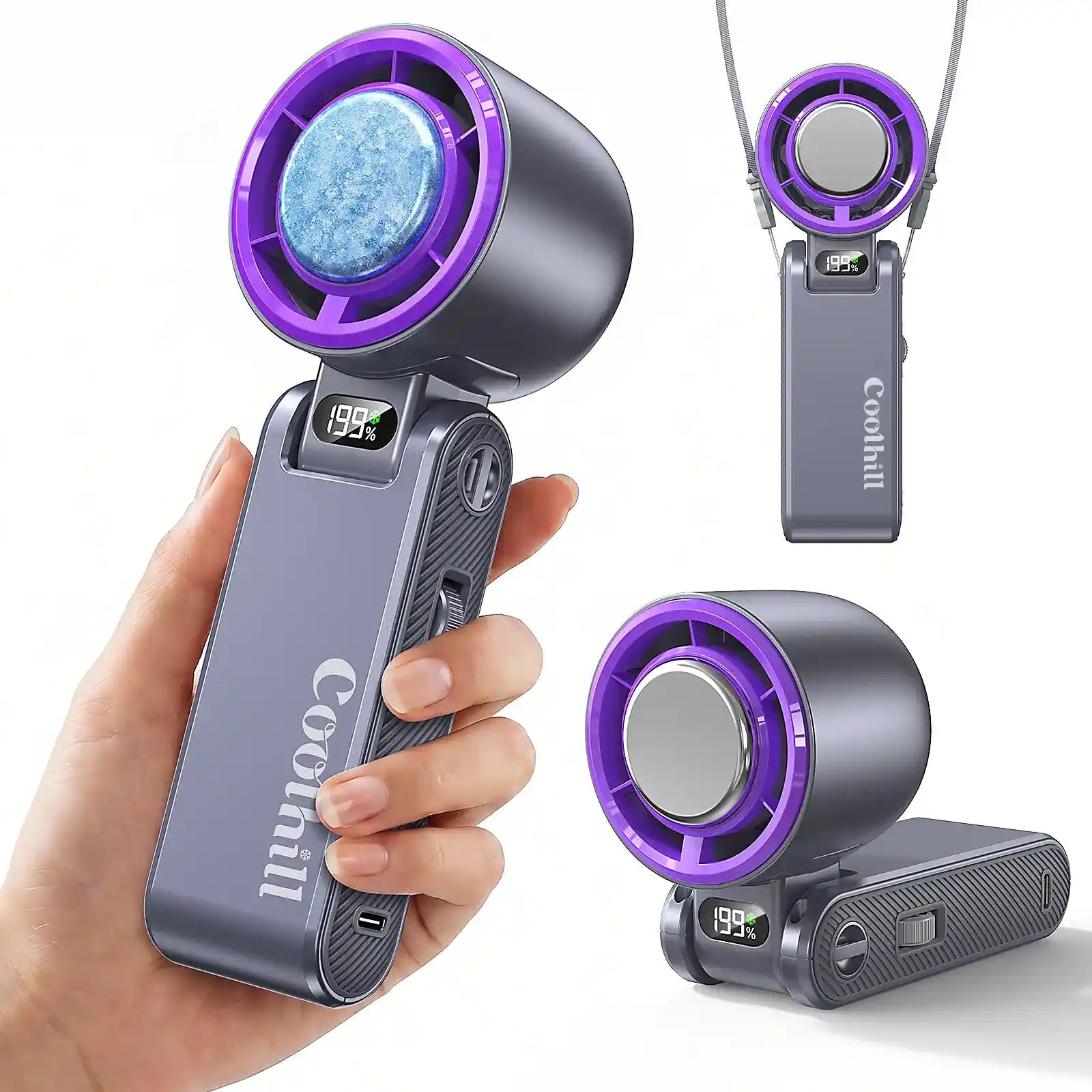 Portable handheld fan with semiconductor cooling plate, display and folding handle