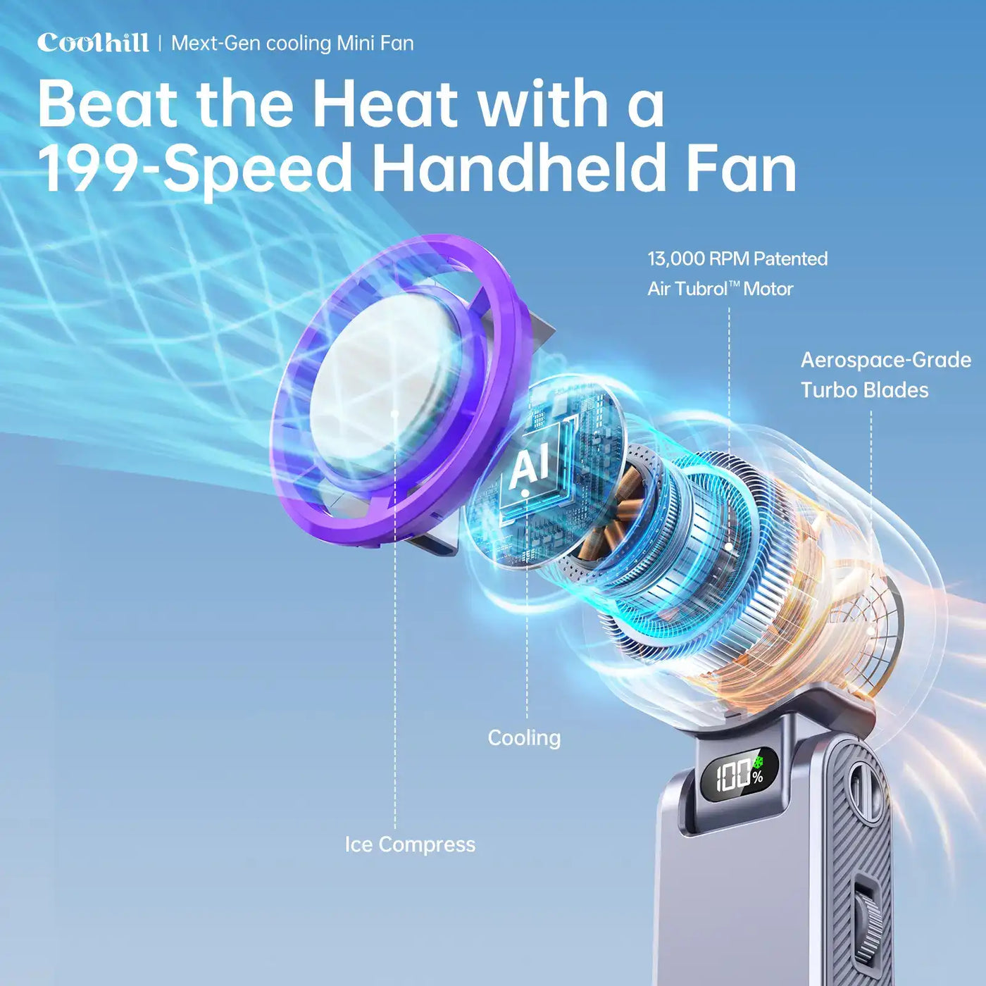 199-speed handheld fan with high-speed motor and turbo blades