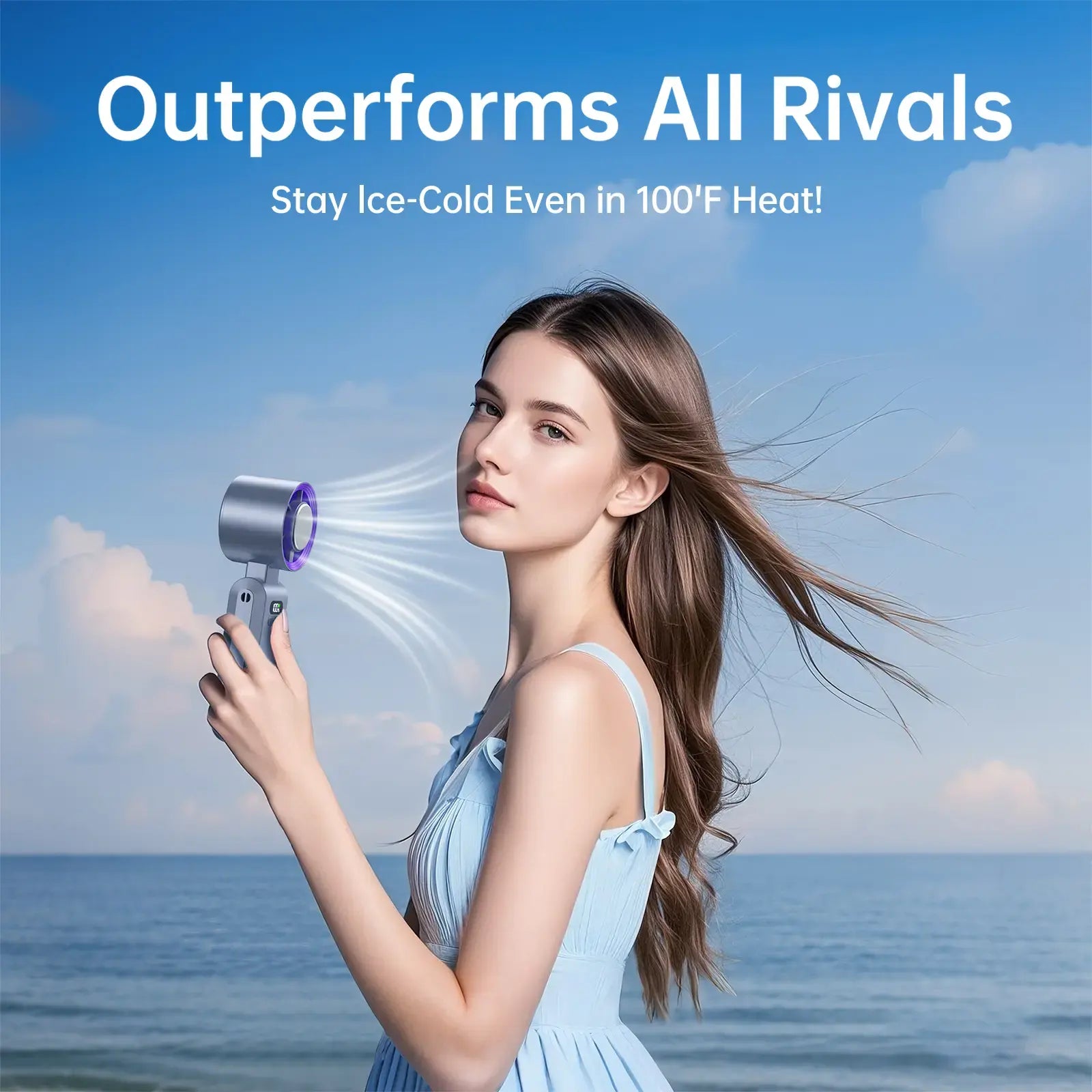 Woman using portable handheld cooling fan outdoors
