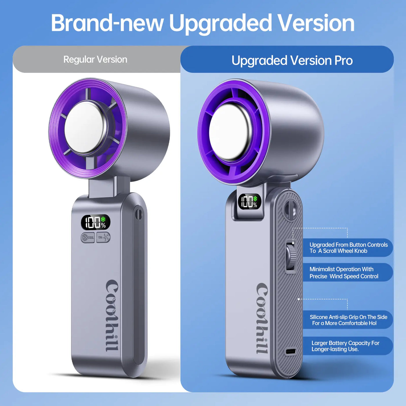 Upgraded portable cooling fan with scroll wheel and silicone grip