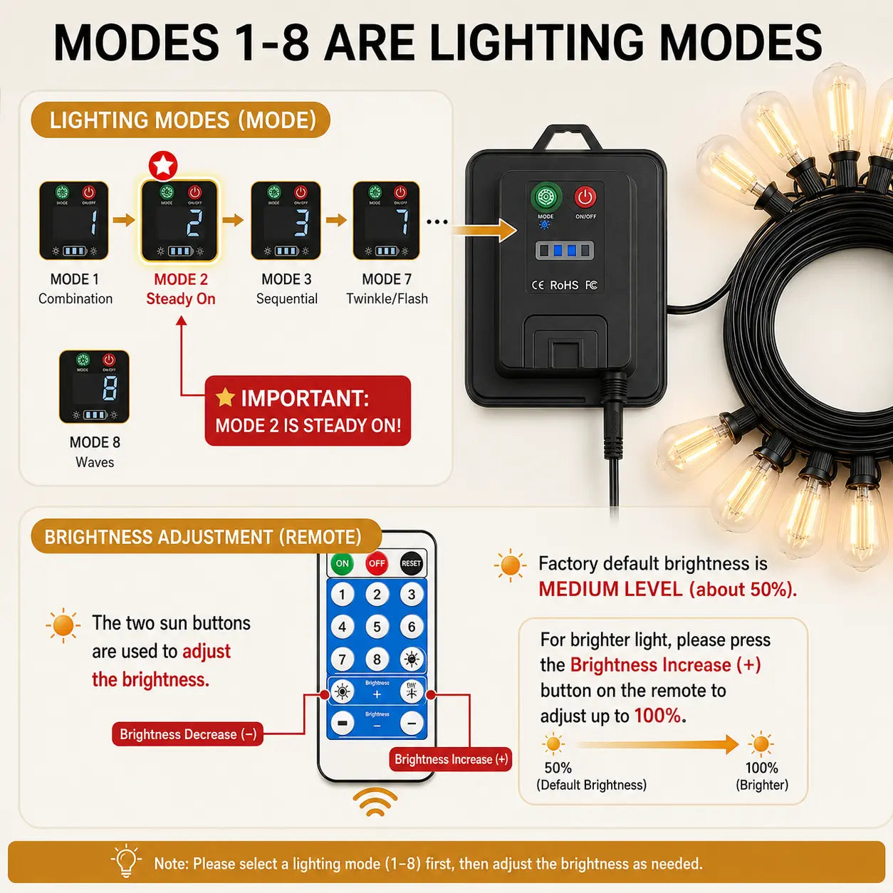 8 lighting modes and brightness adjustment