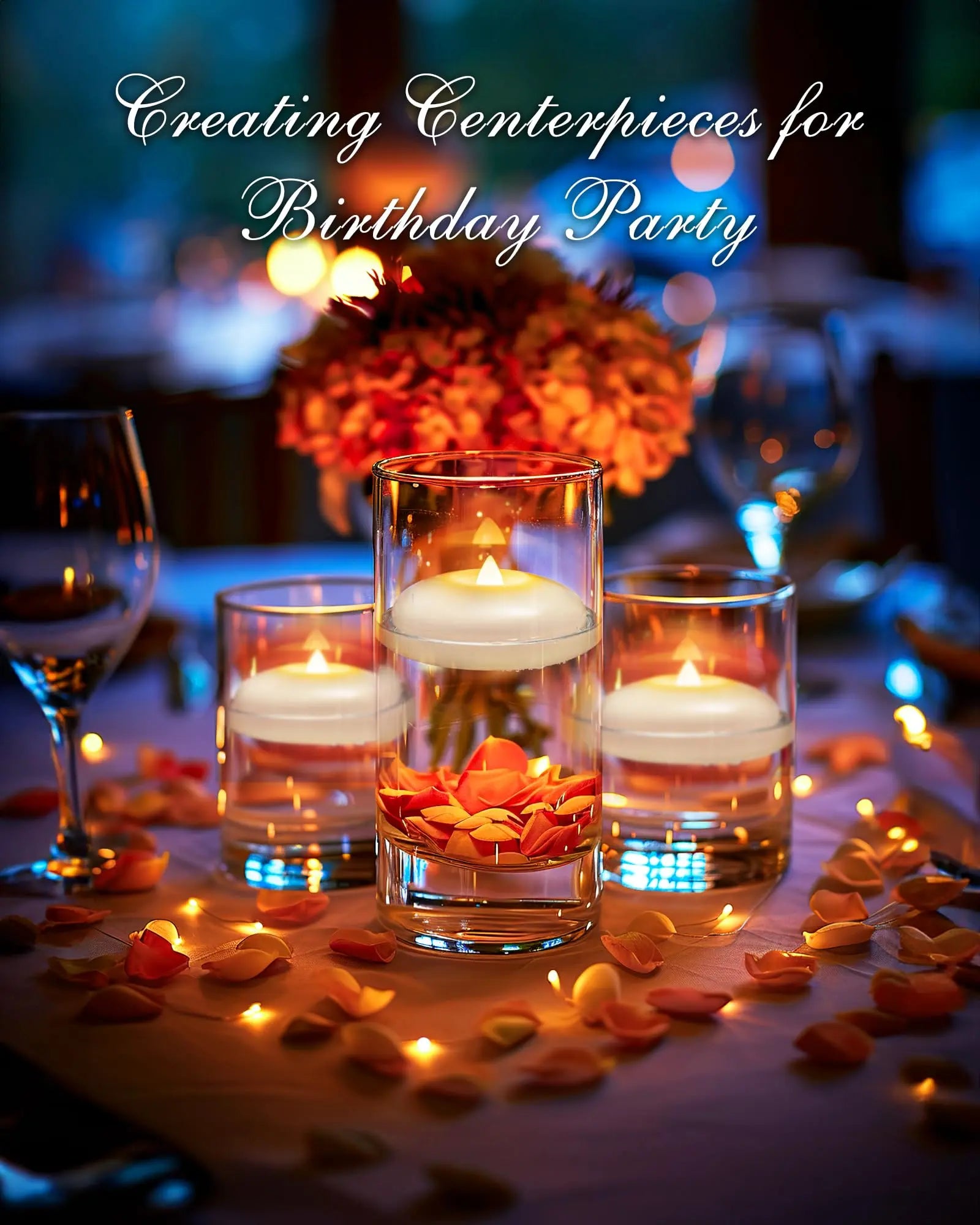 Floating LED candles in glass centerpiece