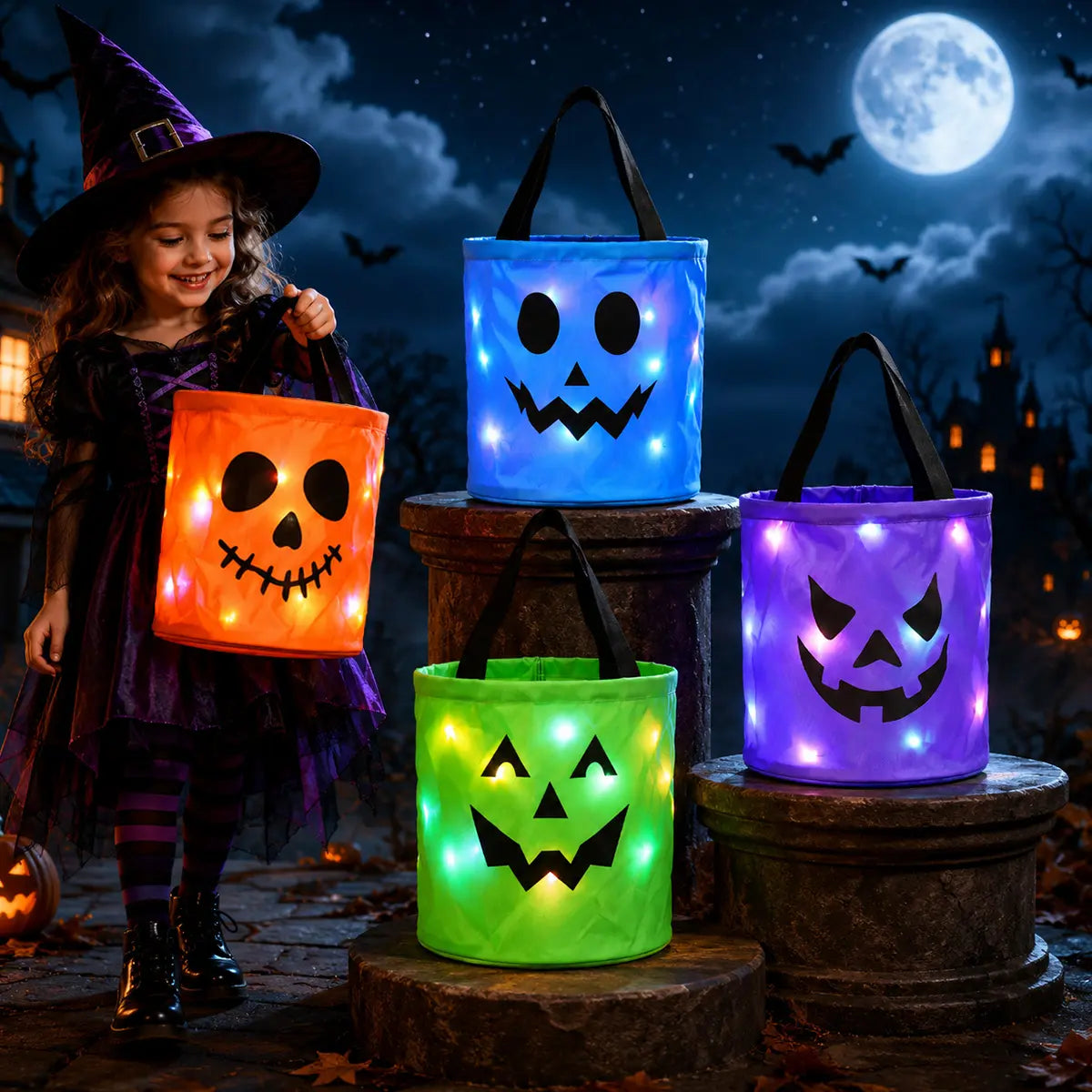 Child using LED Halloween candy bucket