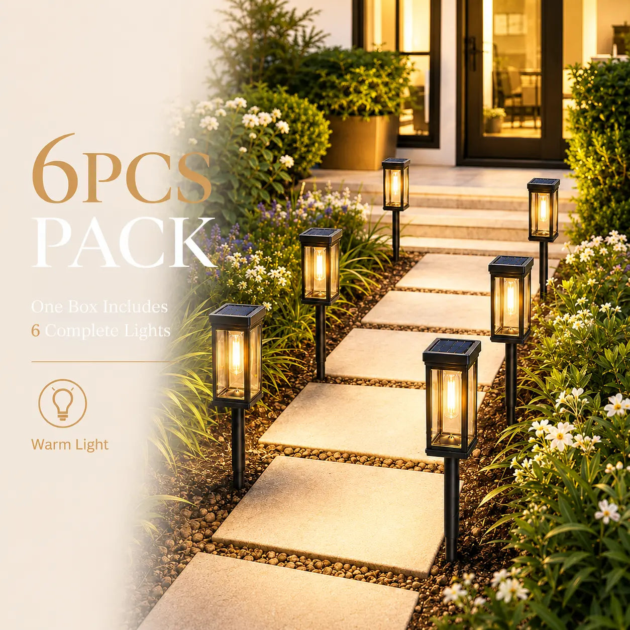 Six warm white solar pathway lights