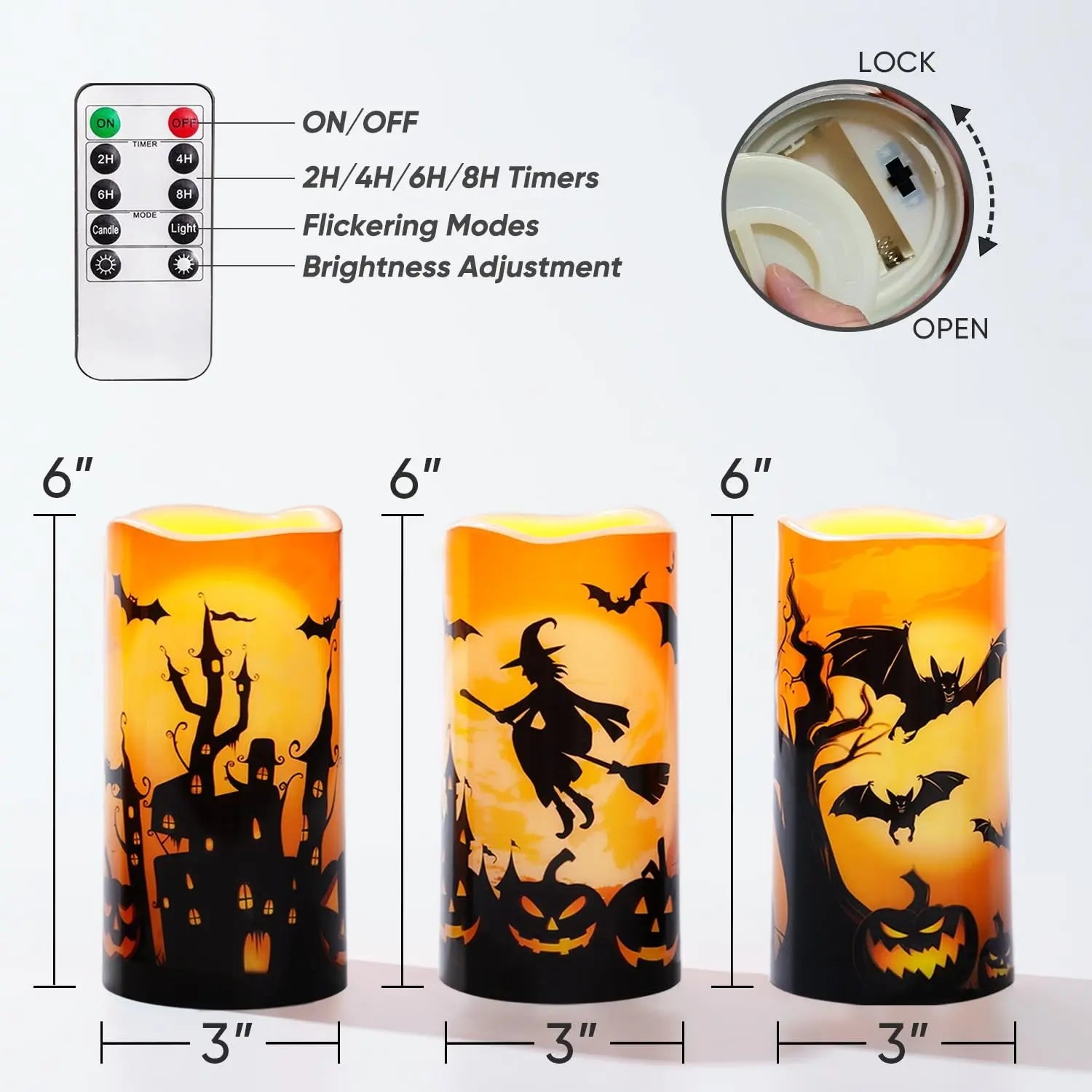 Halloween LED candle remote control timer brightness and dimensions