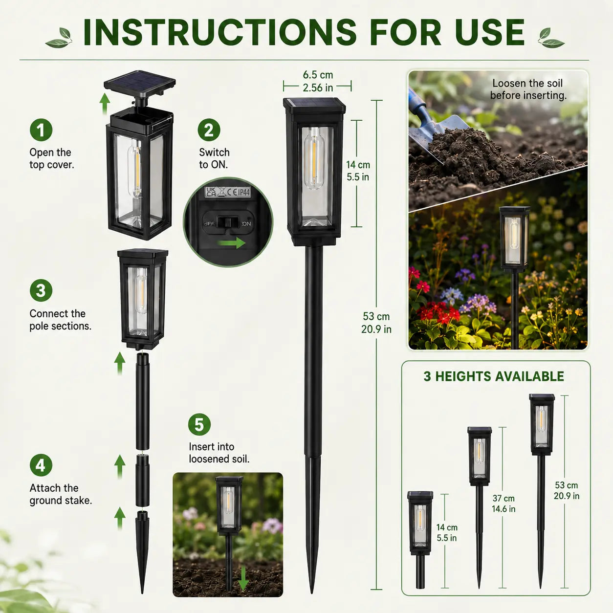 Solar pathway light installation and three height options