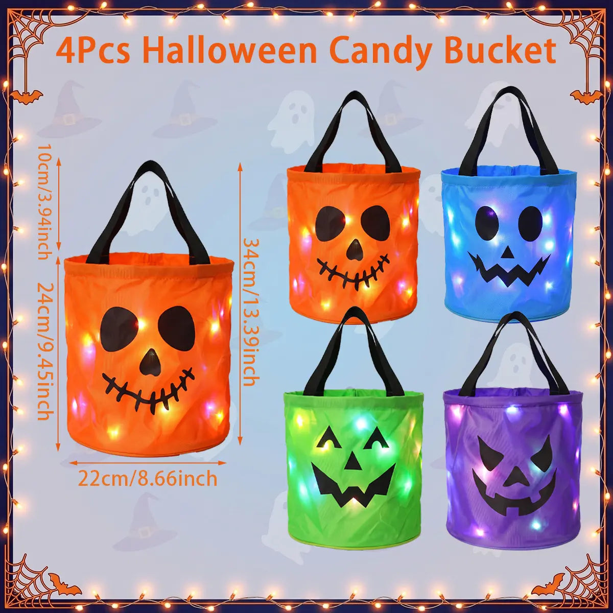 Halloween LED candy bucket size chart