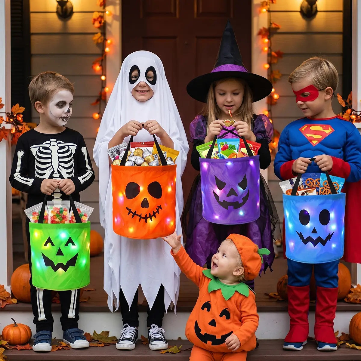 Kids carrying LED Halloween candy buckets